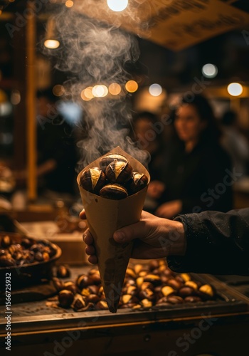 Roasted Chestnuts in a Paper Cone at a Night Market