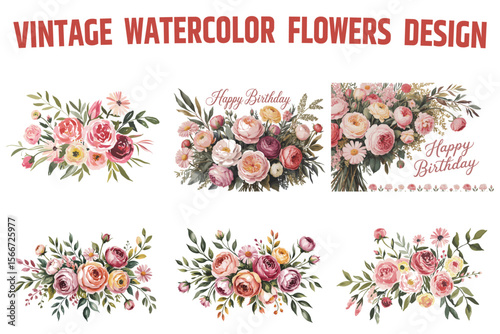 Vintage watercolor flowers design bundle
