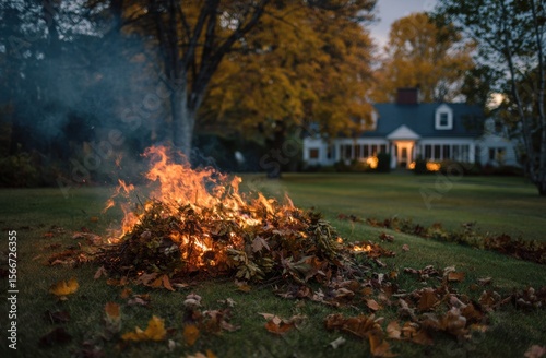 Wallpaper Mural Autumn leaves burn brightly in a backyard bonfire, casting a warm glow against the backdrop of a cozy house. Torontodigital.ca