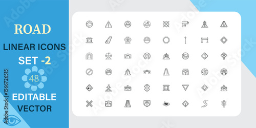Collection of 48 editable vector road linear icons set. Traffic, highway, street and more. Outline vector icon in linear style. Editable stroke. Vector illustration.
