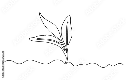 Single one line drawing healthy organic tea leaves for plantation logo identity. Fresh tender bud of tea shoot concept for tea leaf icon. Modern continuous line draw design graphic vector illustration