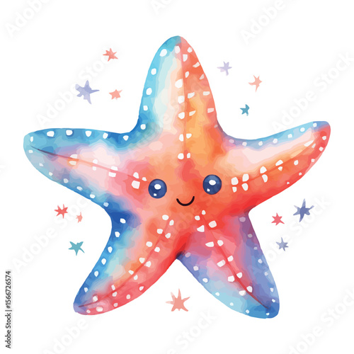 Isolated red sea starfish and tropical seashell on white and blue backgrounds