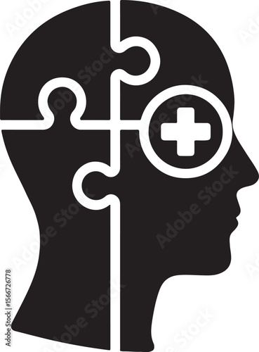 Silhouette of puzzle pieces forming a human head, representing mental health, problem-solving, and identity. EPS file.