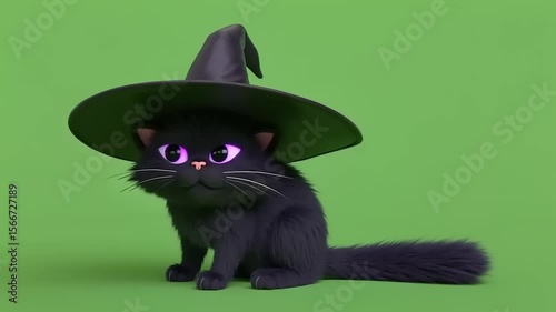 Black cartoon cat wears a witch hat, against green background