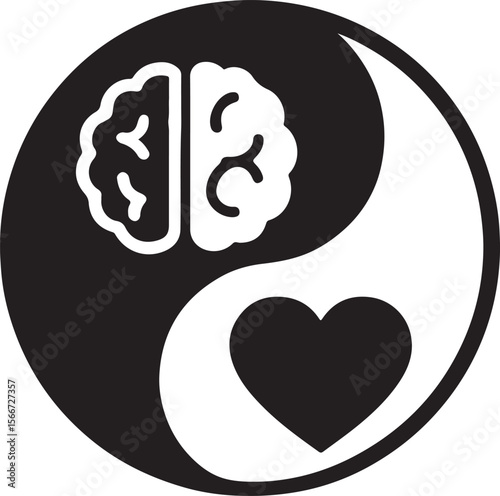 Silhouette yin-yang icon with brain and heart symbolizing emotional and logical balance. EPS vector design.