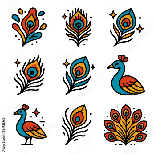 Peacock feather illustrations for vibrant designs, ideal for fashion, textiles, stationary, and home decor projects requiring colorful bird themes.