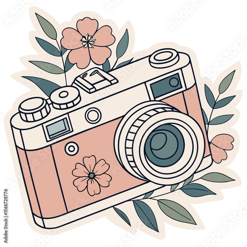 Vintage Camera with Floral Accents - Charming Decorative Vector Illustration

