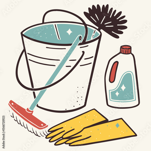 Household Cleaning Supplies: Bucket, Mop, Gloves & Detergent - Vector Illustration

