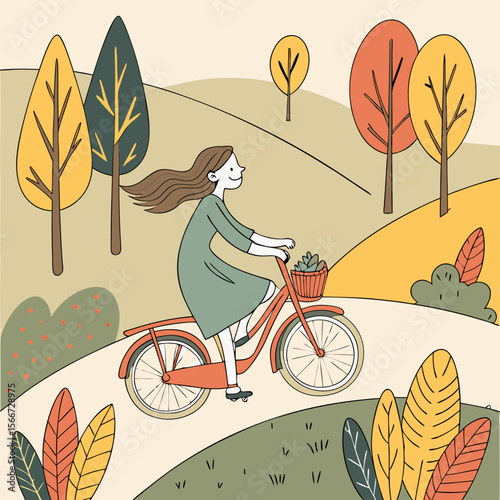 Woman Cycling in Autumn Park - Leisurely Outdoor Activity Vector Illustration

