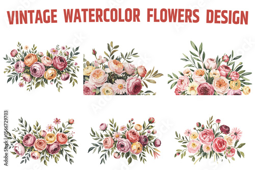 Vintage watercolor flowers design bundle
