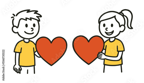 Line Drawing of Smiling Boy and Girl with Large Red Heart. Cute Kids, Valentine Concept, Simple Hand-Drawn Love Vector Illustration