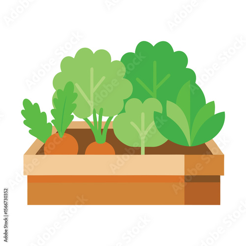 Illustration of a raised garden bed overflowing with fresh leafy green vegetables including vibrant lettuce ready for harvest