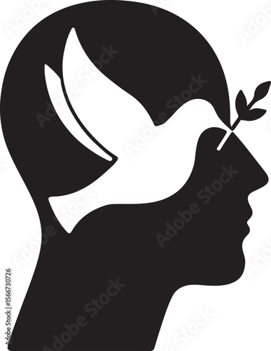 Silhouette of a peace dove with a head outline, symbolizing mental peace, calmness, and inner harmony. EPS file.