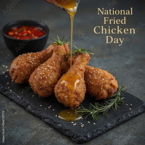 National Fried Chicken Day - Crispy Drumsticks with Rosemary and Sesame Seeds on Dark Slate