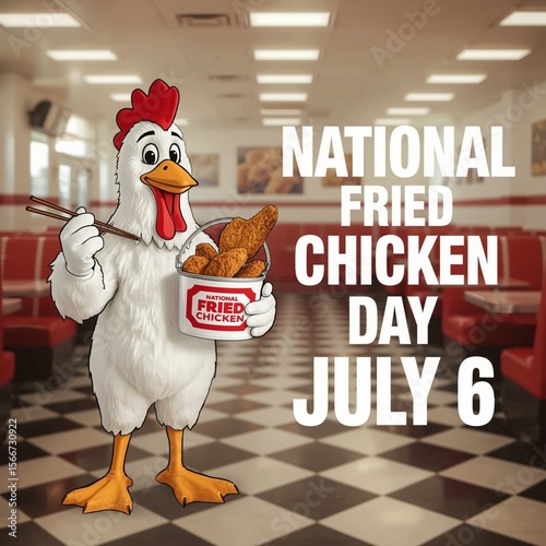 Retro Diner Cartoon Chicken with Chopsticks and National Fried Chicken Day July 6 Typography