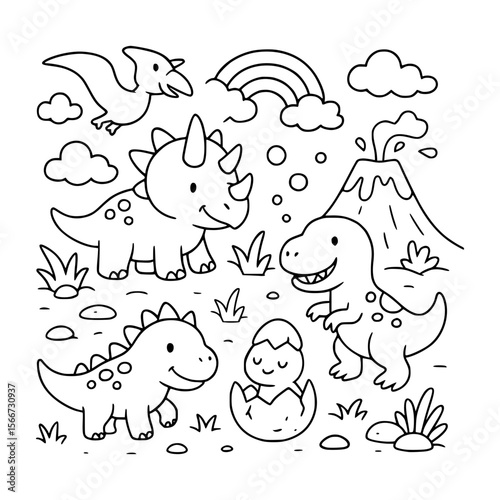 Cute Dinosaur Coloring Page for Kids - Prehistoric Line Art Illustration
