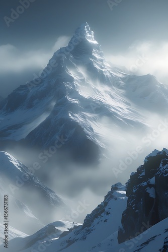 A Majestic Mountain Peak Piercing Through Mist Snow-Capped Summit and Rugged Slopes Presenting the Awe-Inspiring Beauty of Nature