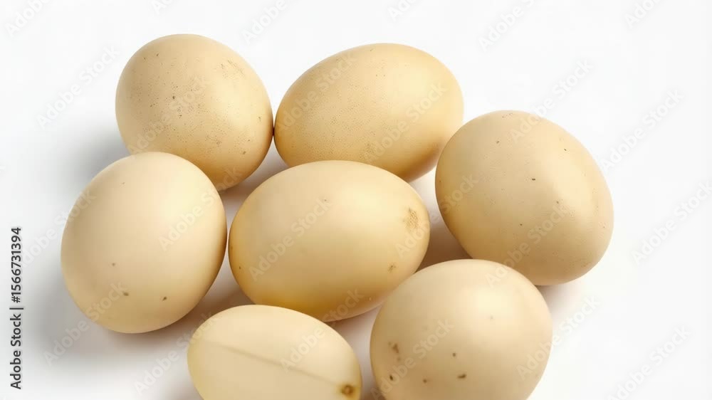 Seven light tan color shelled eggs, one egg sliced in half, arranged on a white background with speckled texture. Fresh eggs in preparation for cooking. Seven light tan color shelled eggs, one egg sliced in half, arranged on a white background with speckled texture. Fresh eggs in preparation for cooking.