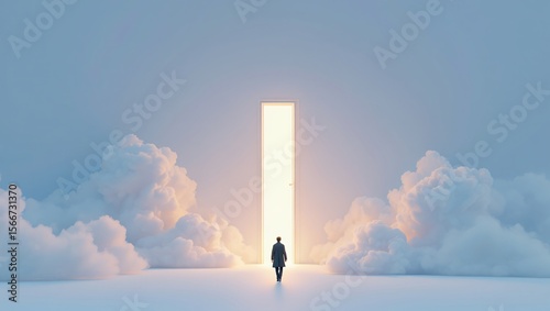 A lone figure in a coat walks towards a brightly lit open doorway surrounded by ethereal clouds and soft light