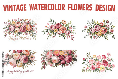Vintage watercolor flowers design bundle
