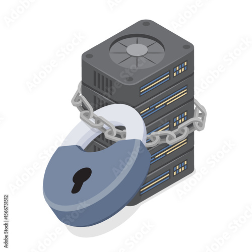 Server with lock. Secure server icon. Minimalist design of Data Center and data protection. Cybersecurity technology concept. 3d flat isometric vector illustration.