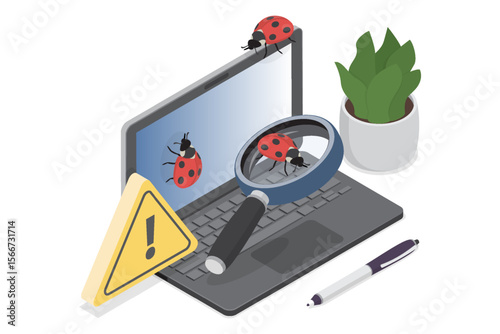 System bug, code bug concept. Vector bug in the system. Bug searching on laptop. 3d flat isometric vector illustration on white background.