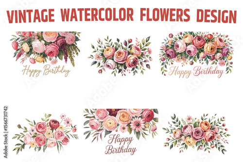 Vintage watercolor flowers design bundle
