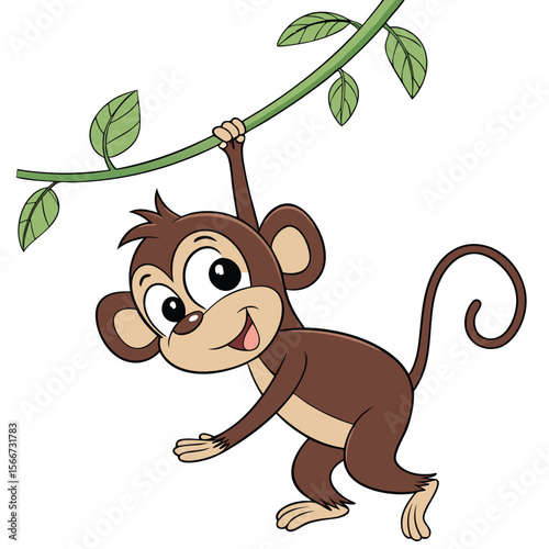 Brown monkey swinging on green vine with leaves vector