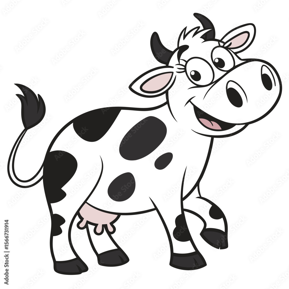 Fototapeta premium Happy cartoon cow with black spots walking illustration vector