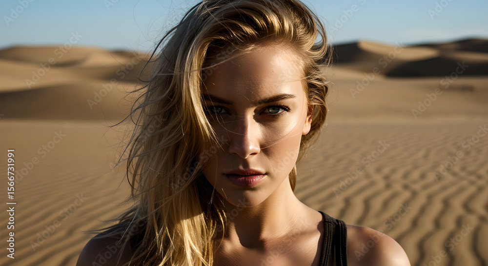 Fototapeta premium Woman with blonde hair and blue eyes looking directly at the camera in a desert landscape with sand dunes