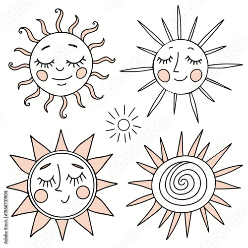 Hand drawn suns with faces and blush cheeks drawing illustration