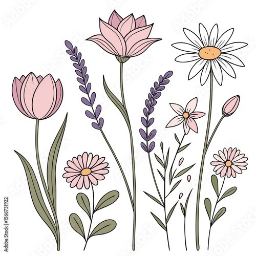 Hand drawn watercolor flower collection with delicate petals and leaves watercolor flowers