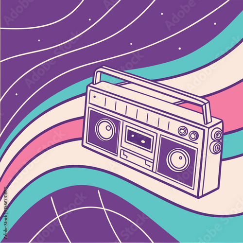 Retro boombox on abstract wavy background music cassette