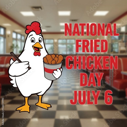 Food Holiday Illustration - Chicken Mascot in Classic Diner with Fried Chicken Bucket and Date