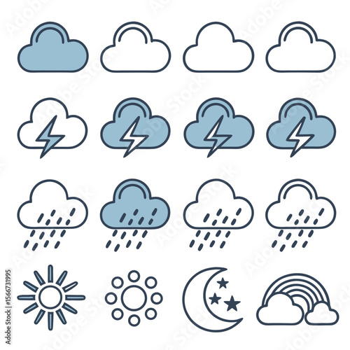 Weather icons set featuring clouds lightning rain sun moon stars rainbow vector