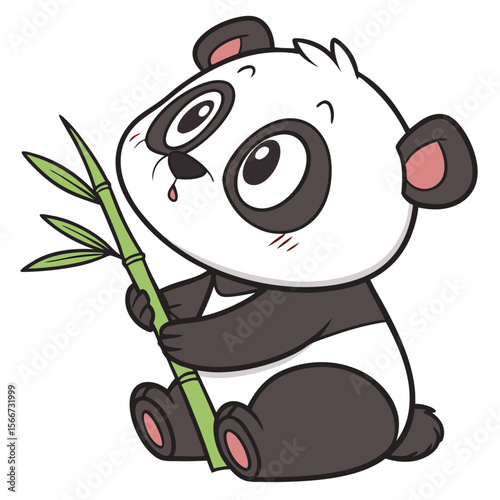 A cute chibi panda bear holding green bamboo cartoon