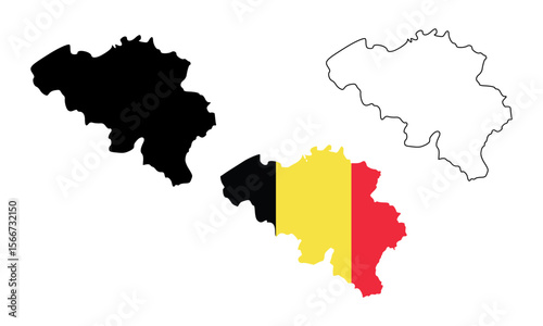 Belgium map in outline style, black color, color of country flag version.