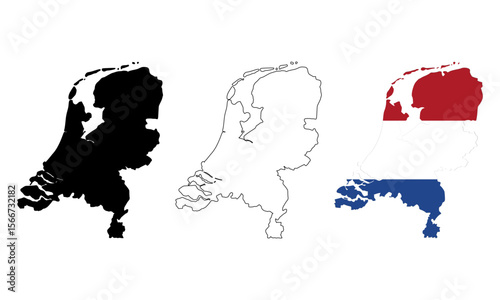 Netherlands map in outline style, black color, color of country flag version.