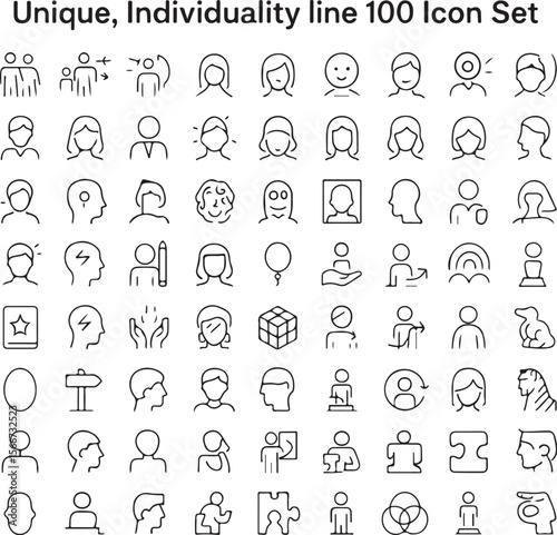 Line art icons depicting individuality and unique characters set