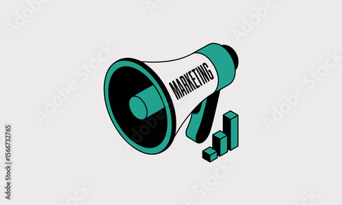 Megaphone announces Marketing message with rising bar graph on plain background, symbolizing growth and advertising, illustration with isometric view.