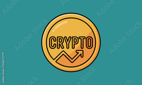 Crypto coin displays growth in digital finance with upward arrow on blue background, financial technology concept