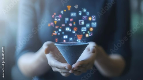 Hands holding a funnel with digital icons flowing into it, representing data collection or online marketing.