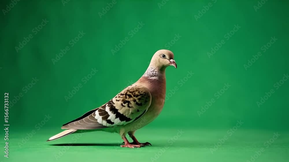 Eurasian collared dove walking on a green screen studio setting with one leg raised in the air green screen bird video
