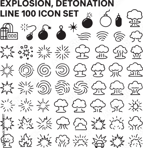 A collection of explosion and detonation line icons in black and white