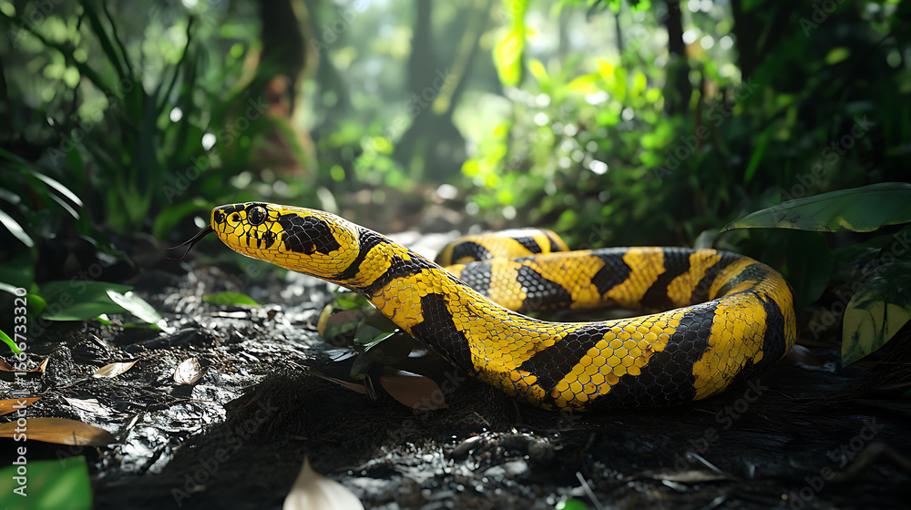 Obraz premium Python resting beneath green jungle foliage high resolution picture
