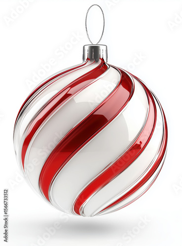 Twisted red and white Xmas tree ball with Christmas ornament, glitter texture and glossy shine. Perfect for holiday decor, seasonal cards, festive design, and creative layouts.