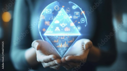 Hands holding a holographic funnel visualization of data analytics and digital information.