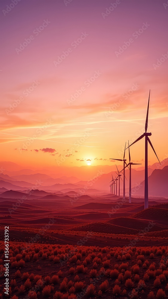 Fototapeta premium Wind turbine farm on rolling hills at sunset creating a tranquil energy landscape with renewable resources and an orange pink sky