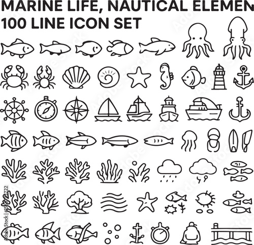 A collection of marine life and nautical elements line icons set