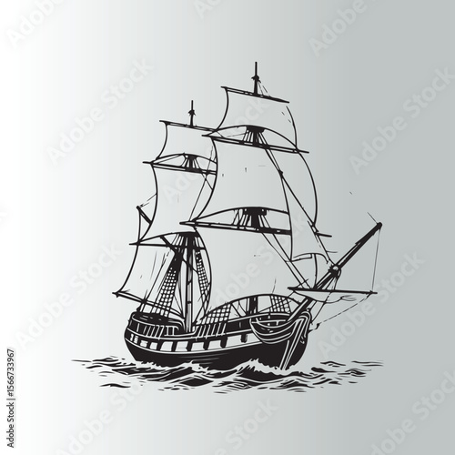 Vintage Sailing Ship on Waves
